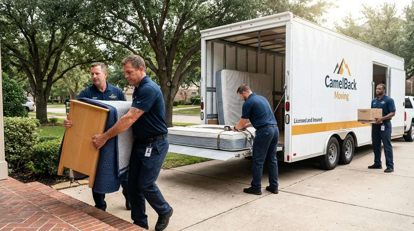Crew loading residential truck for cross-state move from Wahpeton, ND
