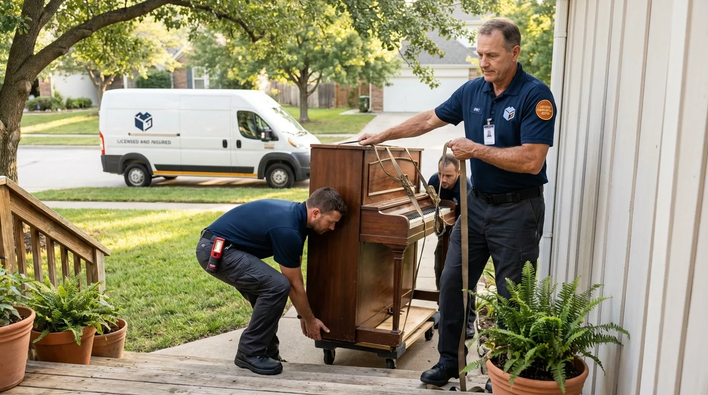 Licensed piano movers securing grand piano in Wahpeton, ND