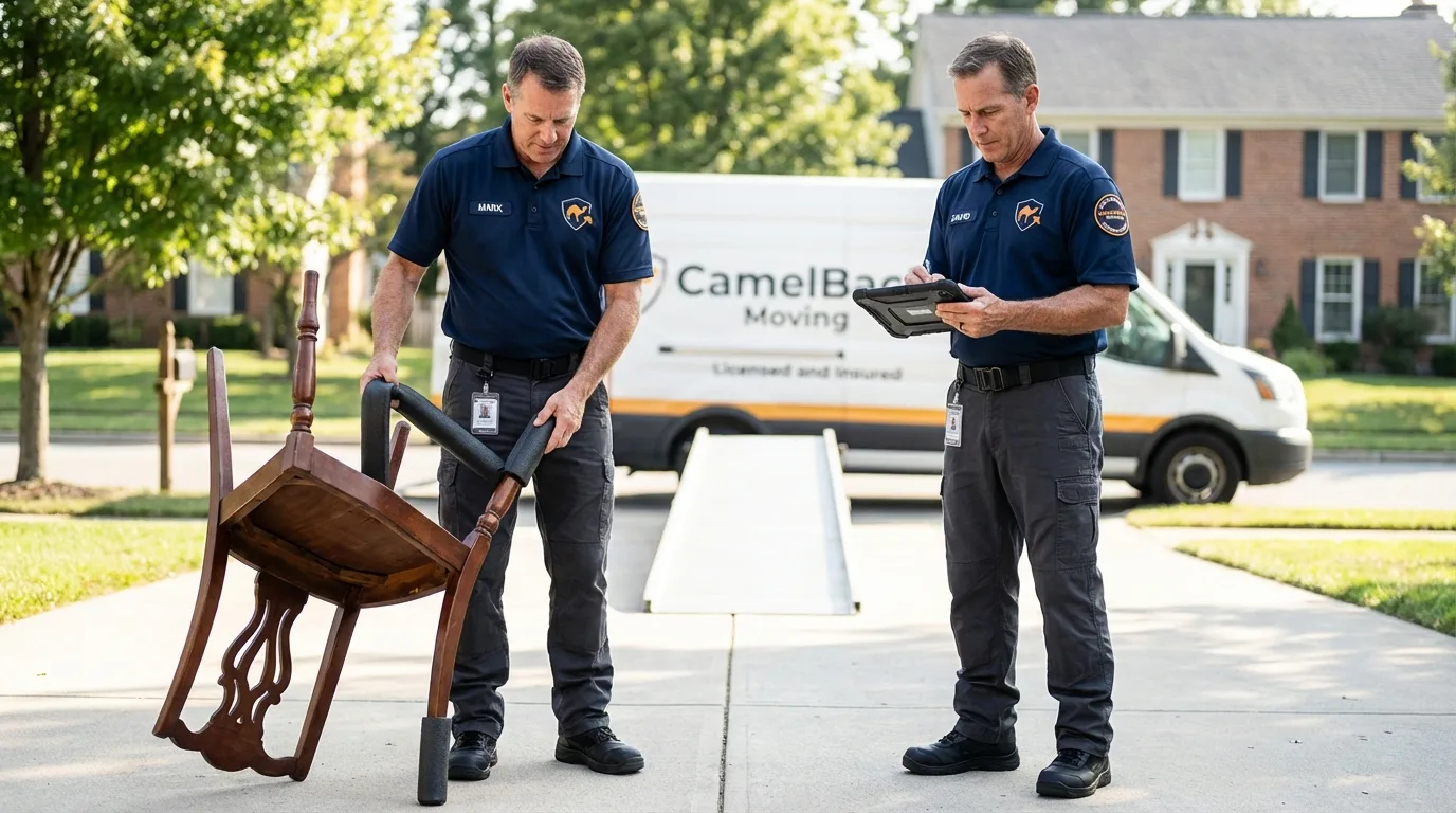 Movers inspecting furniture for damage prevention before loading in Wahpeton, ND