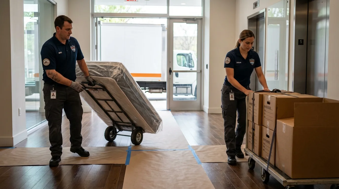 Professional apartment movers loading elevator in Wahpeton, ND